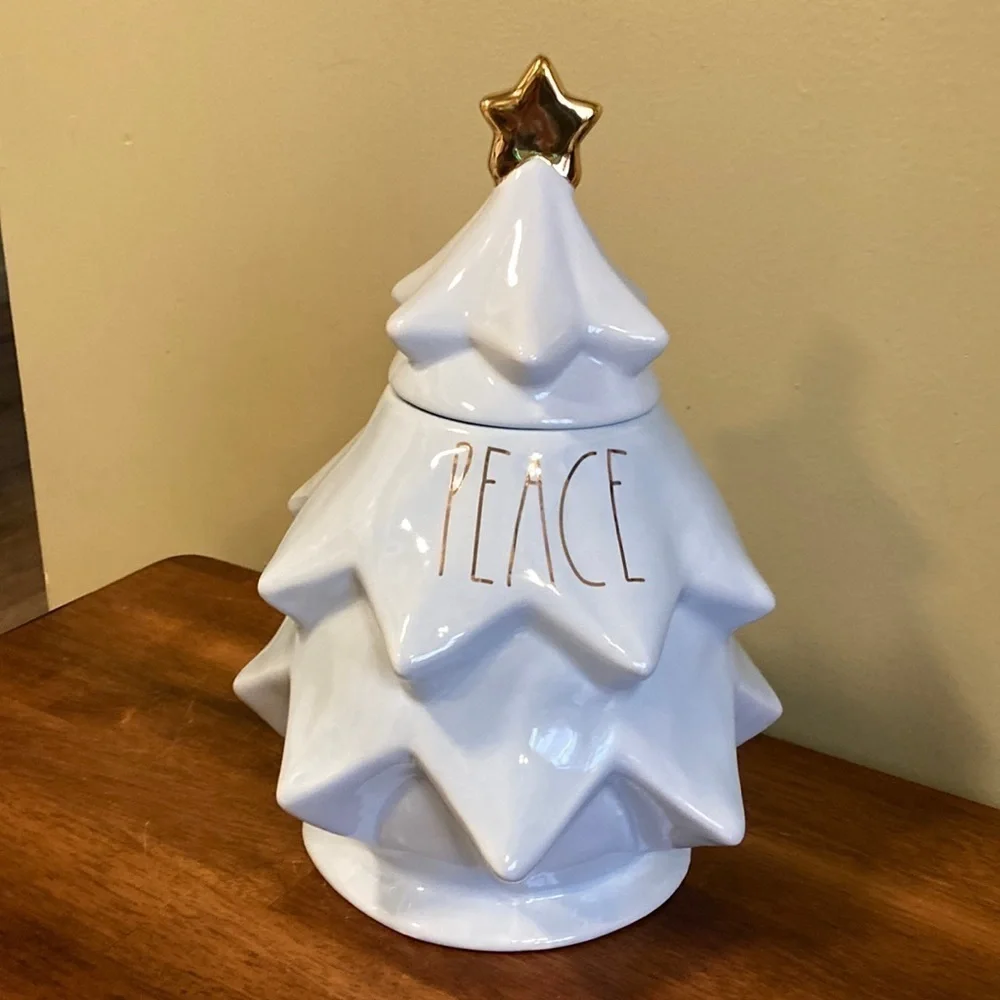 Rae Dunn Sculpted PEACE CHRISTMAS TREE CERAMIC COOKIE JAR LT BLUE & GOLD